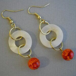 Orange Red Pearl Shell Earrings Ceramic Beaded Hoop Gold Metal Handcrafted New